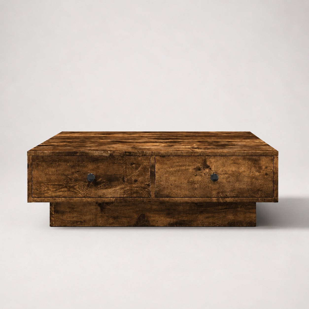 Table basse en bois chêne fumé vue face avec tiroirs, table basse de salon moderne