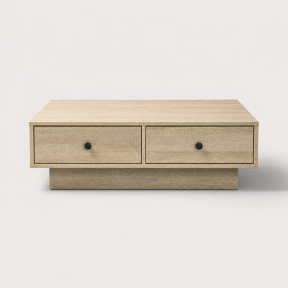 Table basse en bois chêne clair vue face avec tiroirs, table basse de salon épurée et fonctionnelle