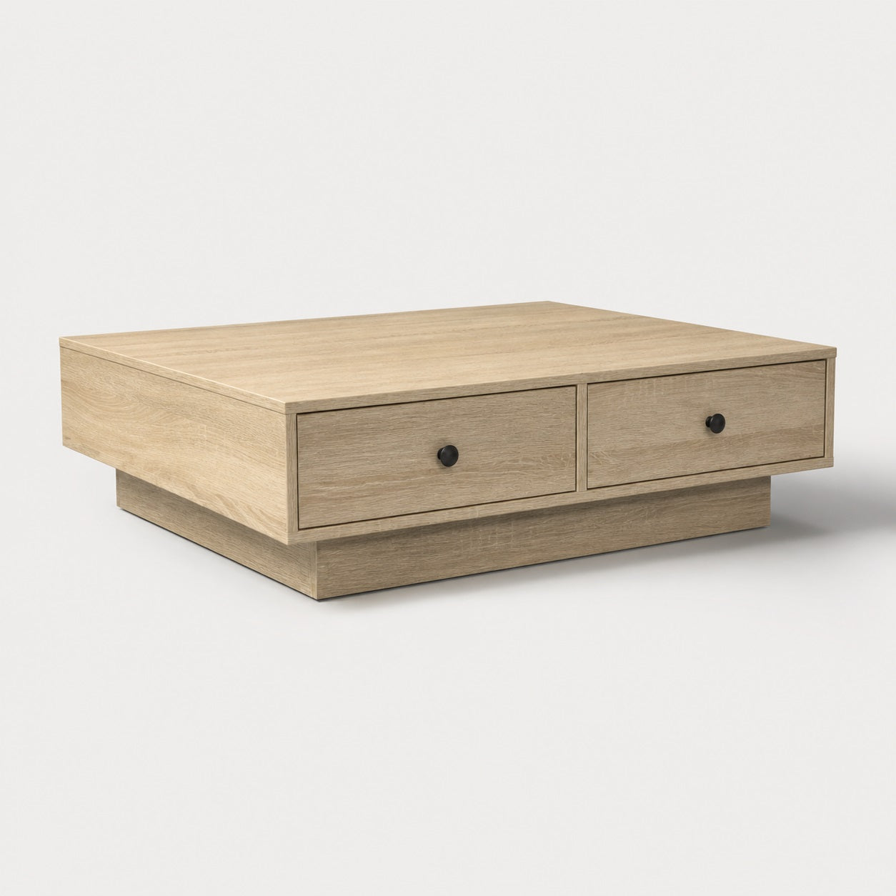 Table basse en bois chêne clair avec tiroirs, table basse de salon pratique et minimaliste