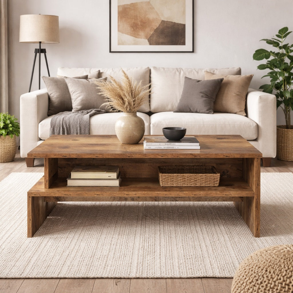 Table basse en bois ancien dans un salon chaleureux, étagère pratique, table basse de salon style naturel