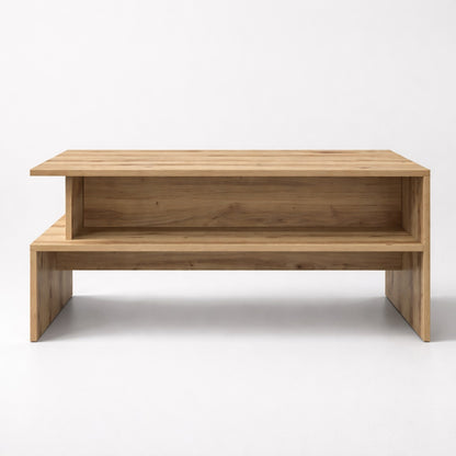 Table basse en bois chêne vue en perspective, lignes droites et rangement intégré, table basse de salon design