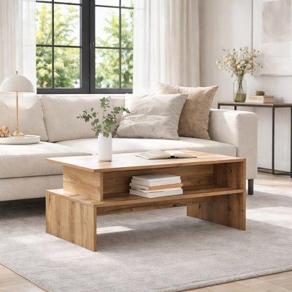 Table basse en bois chêne clair avec étagère dans un intérieur moderne, table basse de salon élégante