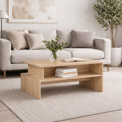 Table basse en bois chêne clair dans un salon contemporain avec rangement, table basse de salon