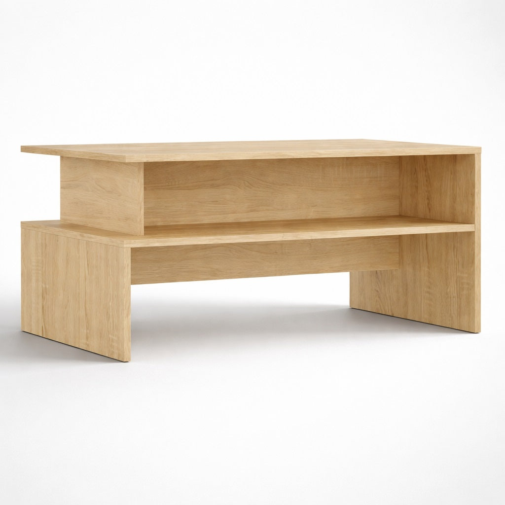 Table basse en bois chêne clair vue de face avec étagère intégrée, table basse de salon design