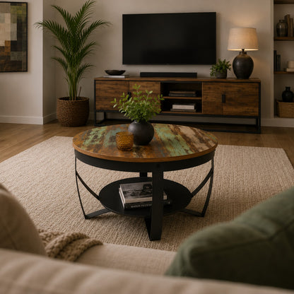 Vue immersive sur table basse ronde en bois coloré, séjour cosy moderne avec meuble TV bois et lumière douce