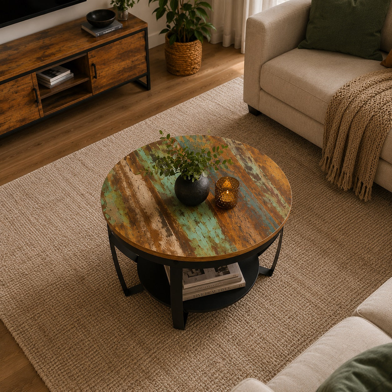 Vue plongeante sur table basse ronde bois recyclé multicolore, salon contemporain chaleureux et tapis beige texturé.