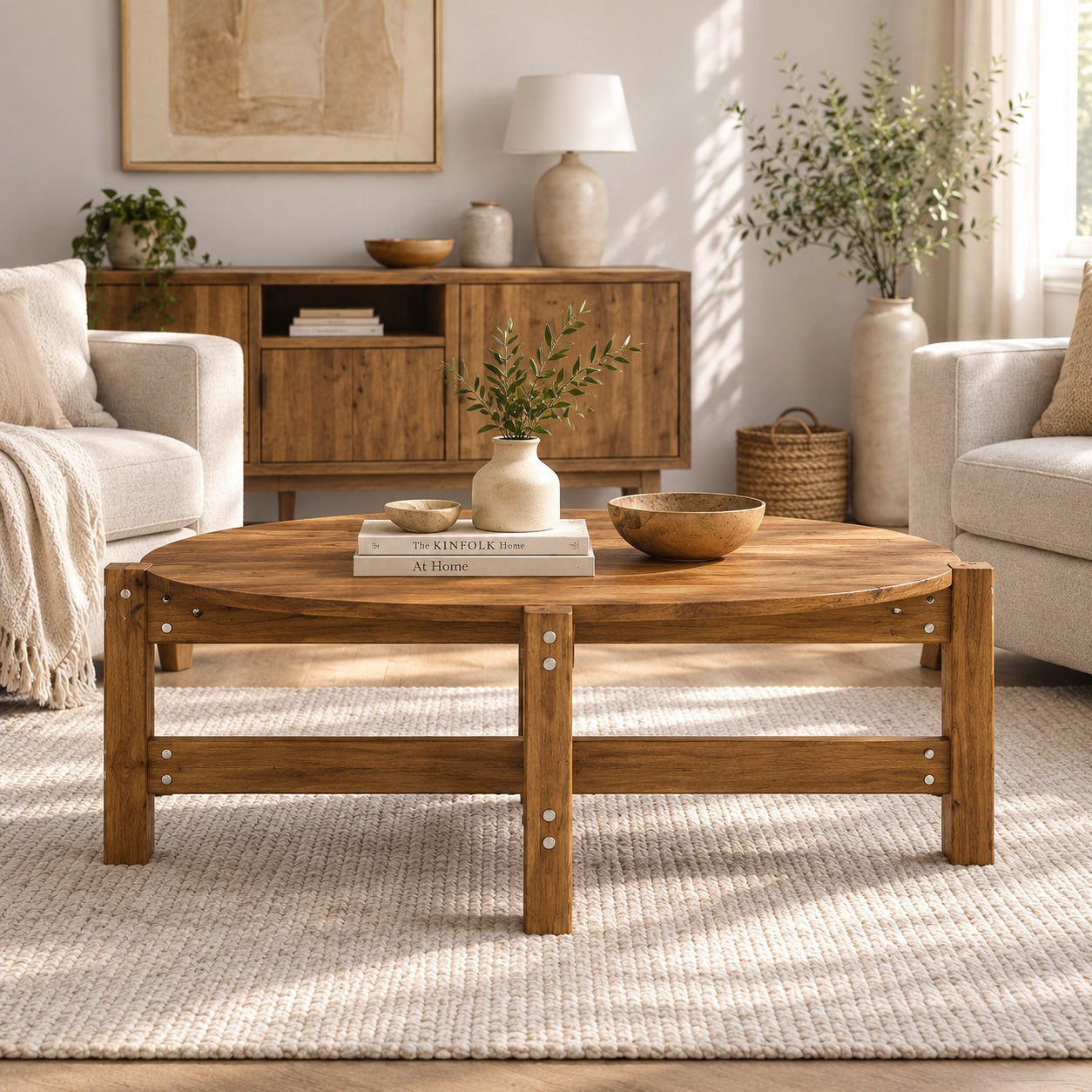 Table basse en bois ovale en situation dans un salon cosy au style naturel et authentique, vue de face