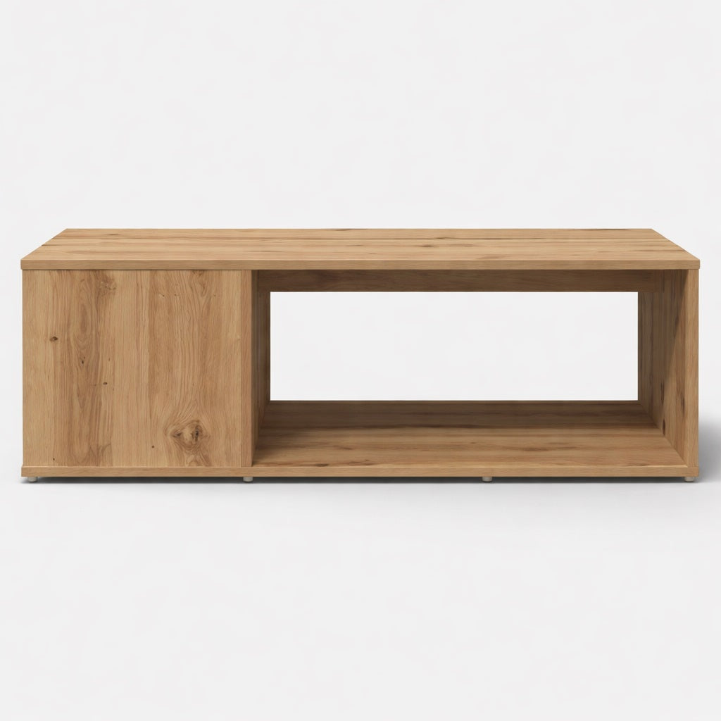 Vue frontale d’une table basse en bois épurée avec niche centrale, parfaite pour une table basse de salon contemporaine.