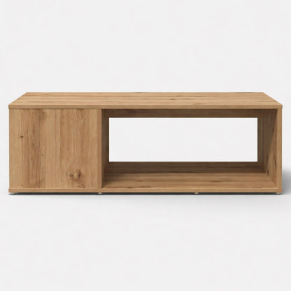 Vue frontale d’une table basse en bois épurée avec niche centrale, parfaite pour une table basse de salon contemporaine.