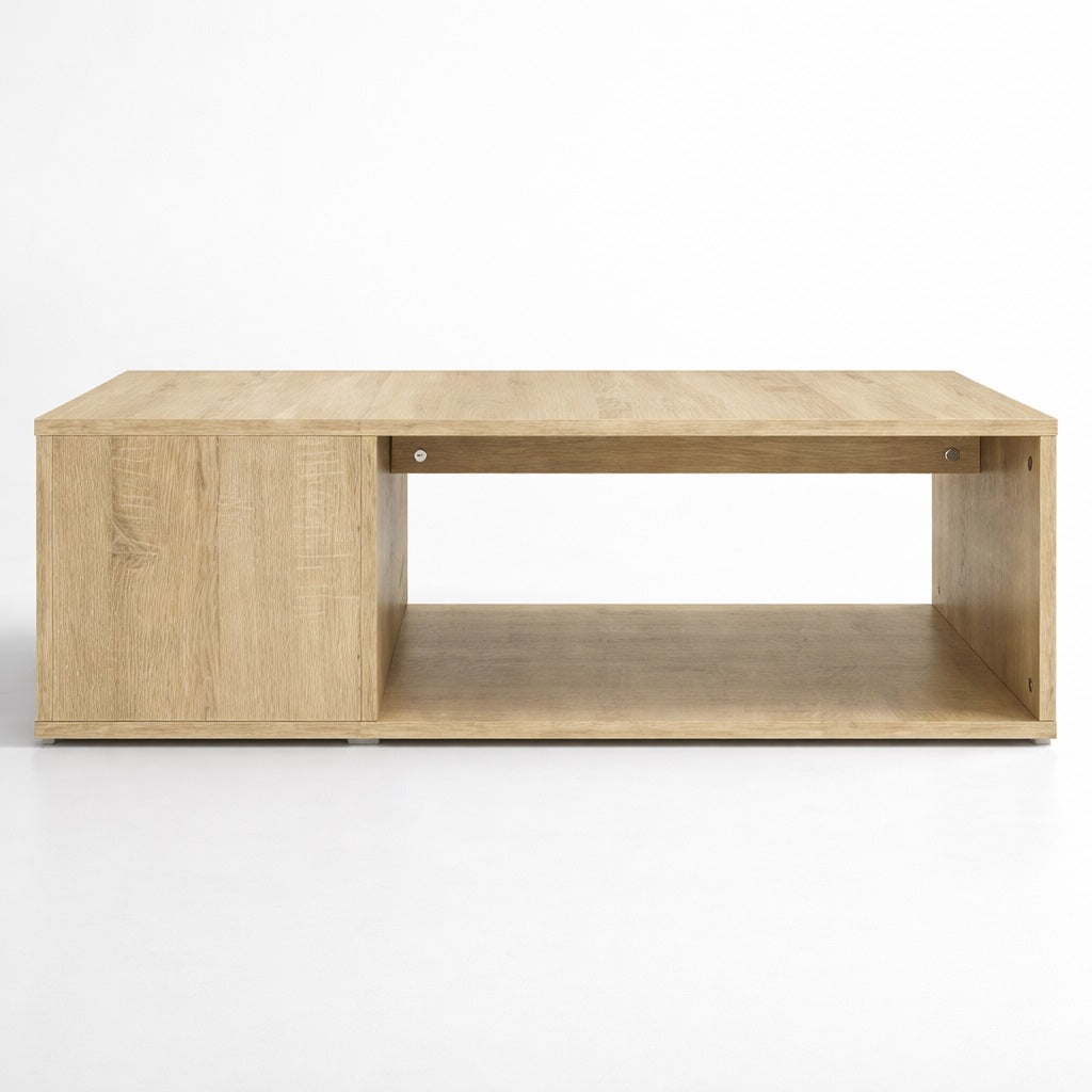Table basse en bois vue angle trois-quarts, structure robuste et design minimal pour une table basse de salon moderne.