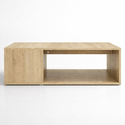 Table basse en bois vue angle trois-quarts, structure robuste et design minimal pour une table basse de salon moderne.