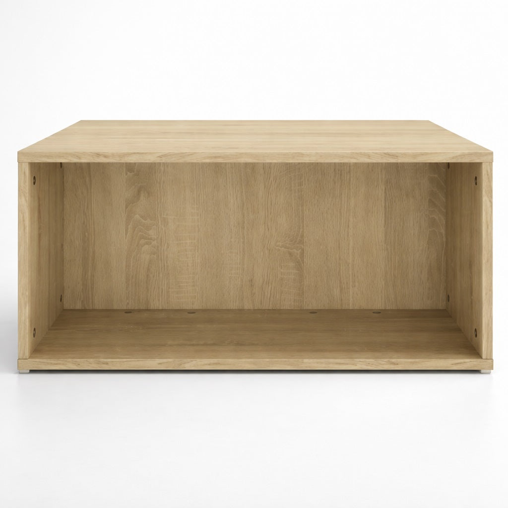 Vue latérale d’une table basse en bois avec compartiments ouverts, idéale comme table basse de salon pratique.