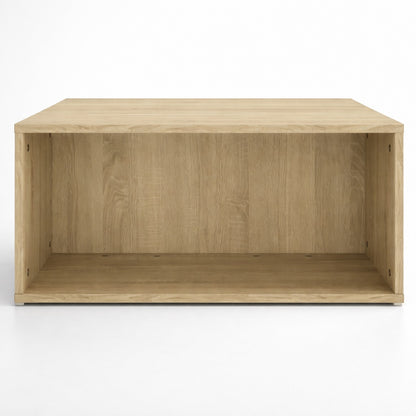 Vue latérale d’une table basse en bois avec compartiments ouverts, idéale comme table basse de salon pratique.