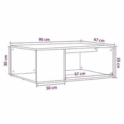 Schéma technique d’une table basse en bois de salon avec rangements intégrés, indiquant dimensions et structure fonctionnelle.