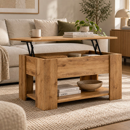 Table basse en bois vue latérale avec plateau relevable, table basse de salon fonctionnelle, position relevée