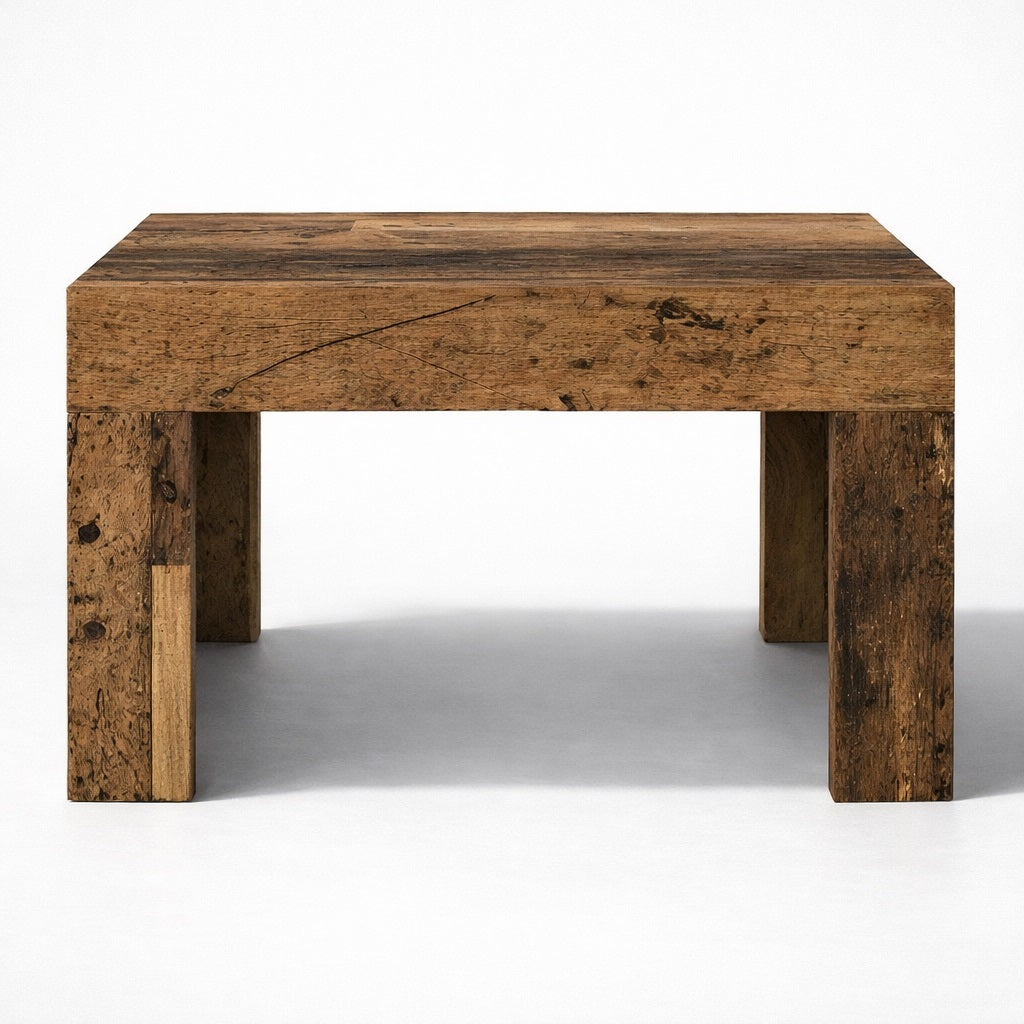 Table basse en bois ancien vue de face, lignes épaisses et design architectural pour table basse de salon.