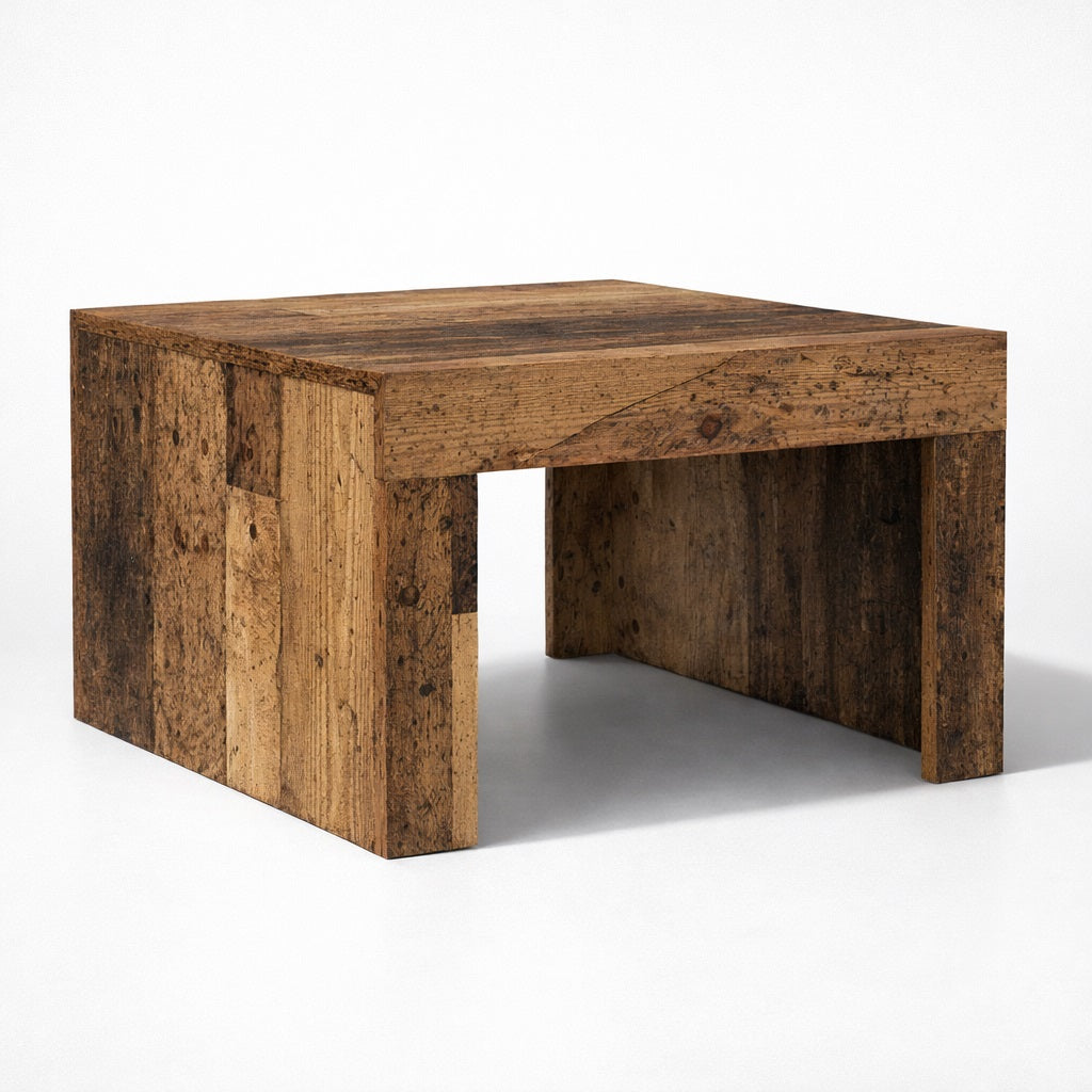 Table basse en bois massif au style brut, design monolithique et caractère authentique pour table basse de salon.