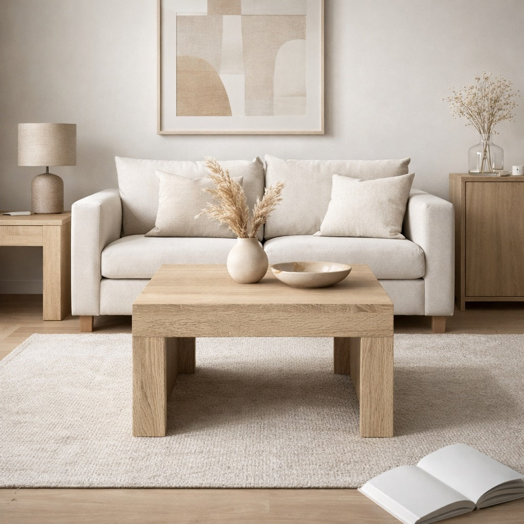 Table basse en bois intégrée dans un salon lumineux, style naturel et design minimal pour table basse de salon.