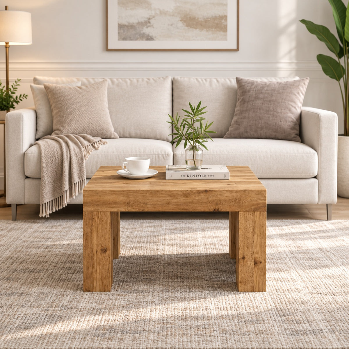 Table basse en bois clair installée dans un salon moderne, vue de face