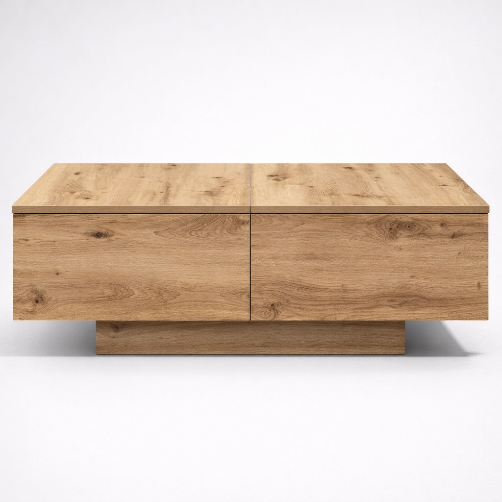 Table basse en bois vue de face, finitions naturelles et volumes équilibrés pour un salon élégant et fonctionnel.