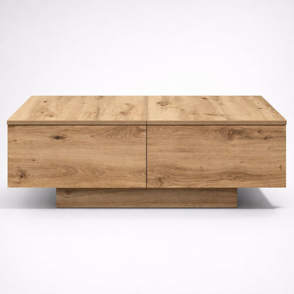 Table basse en bois vue de face, finitions naturelles et volumes équilibrés pour un salon élégant et fonctionnel.