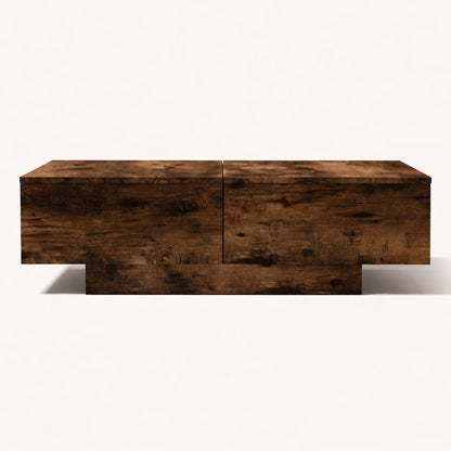 Table basse en bois foncé vue frontale, style authentique et lignes épurées pour un intérieur contemporain.