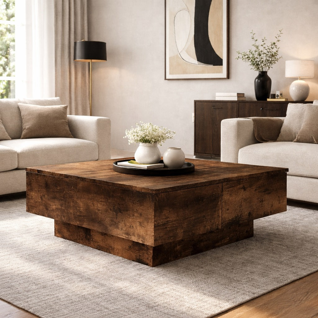 Table basse en bois foncé mise en scène dans un salon chic, design structuré et ambiance chaleureuse.