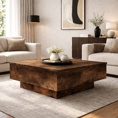 Table basse en bois foncé mise en scène dans un salon chic, design structuré et ambiance chaleureuse.