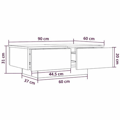 Plan technique table basse en bois avec dimensions détaillées et tiroirs intégrés, design fonctionnel pour salon moderne