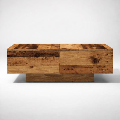 Vue frontale table basse en bois avec rangements intégrés et lignes épurées, idéale pour salon moderne