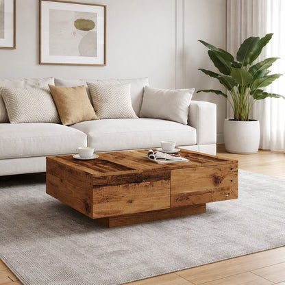 Table basse en bois installée dans un salon élégant, design structuré avec rangements pratique