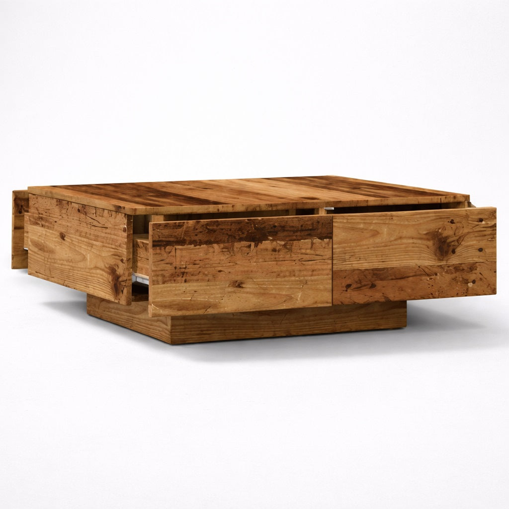 Table basse en bois avec tiroirs ouverts, finition bois naturel et rangement discret, style contemporain
