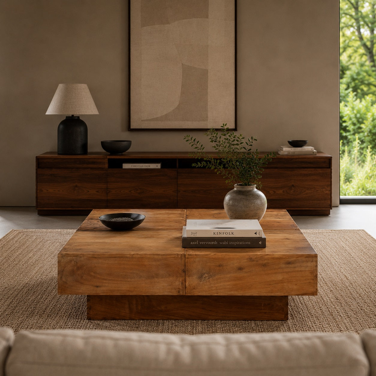 Table basse en bois design en acacia vue de face, meuble contemporain au style naturel et raffiné