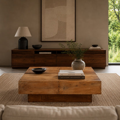 Table basse en bois design en acacia vue de face, meuble contemporain au style naturel et raffiné