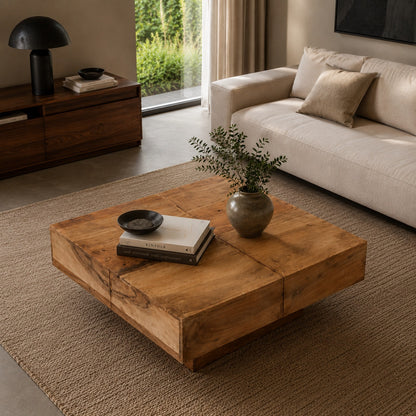 Table basse en bois massif design en acacia, mise en scène élégante dans un salon moderne lumineux