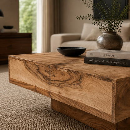 Gros plan sur table basse en bois design en acacia, texture naturelle et finition haut de gamme