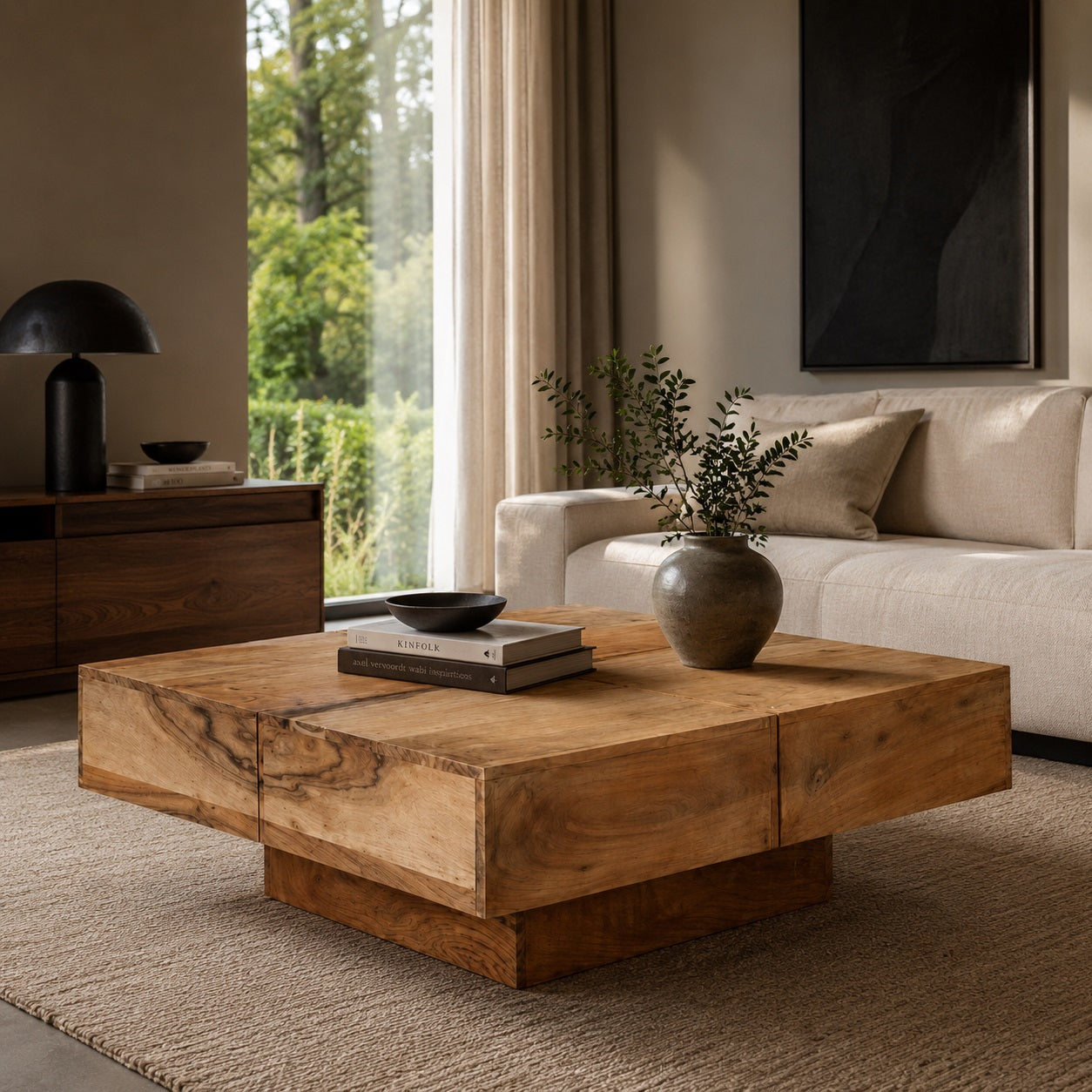 Table basse en bois massif design en acacia dans salon contemporain lumineux, style élégant et chaleureux