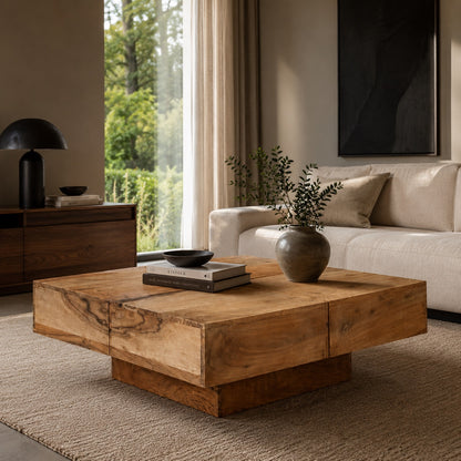 Table basse en bois massif design en acacia dans salon contemporain lumineux, style élégant et chaleureux