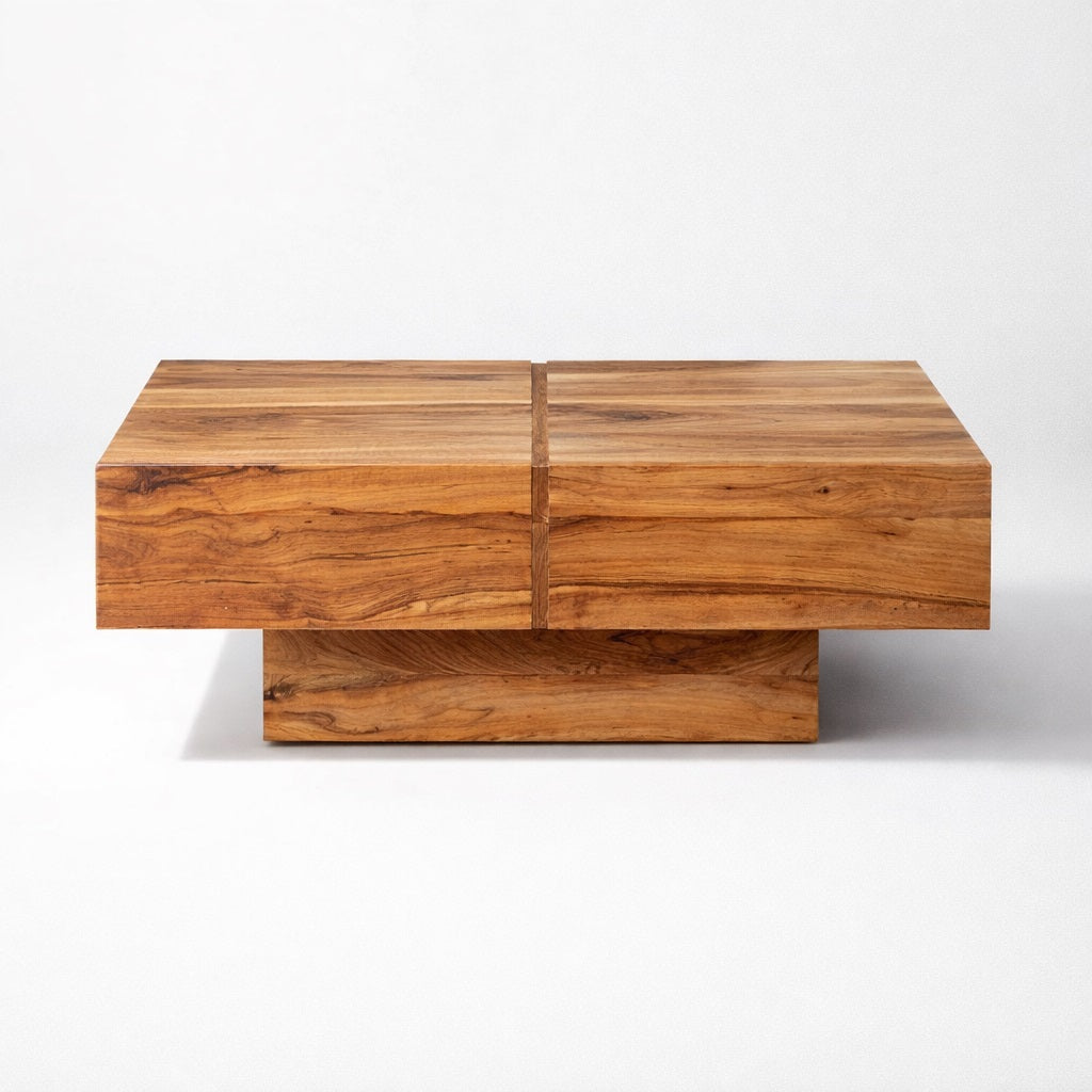Table basse en bois acacia, table basse design carrée 80x80 avec lignes épurées et finition naturelle chaleureuse