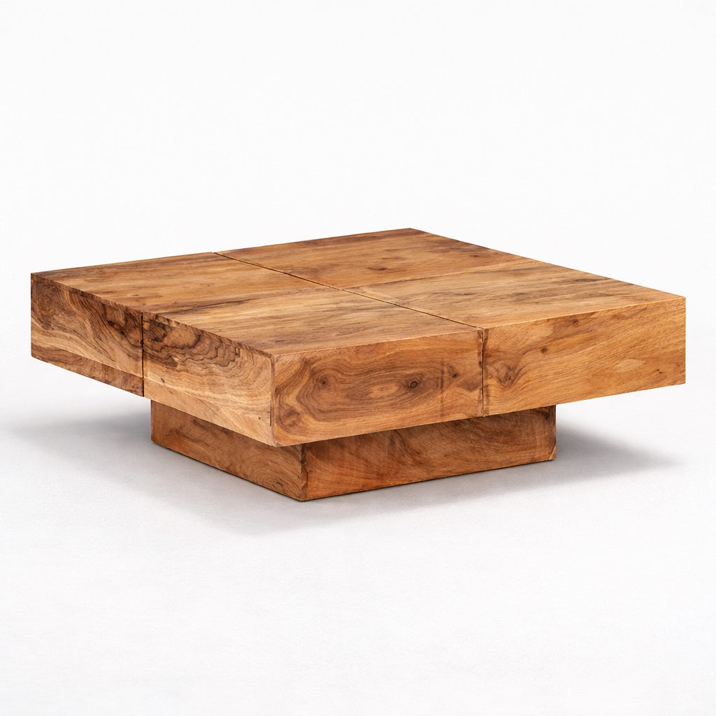 Table basse en bois acacia, table basse design carrée avec plateau épais et pied central, style contemporain