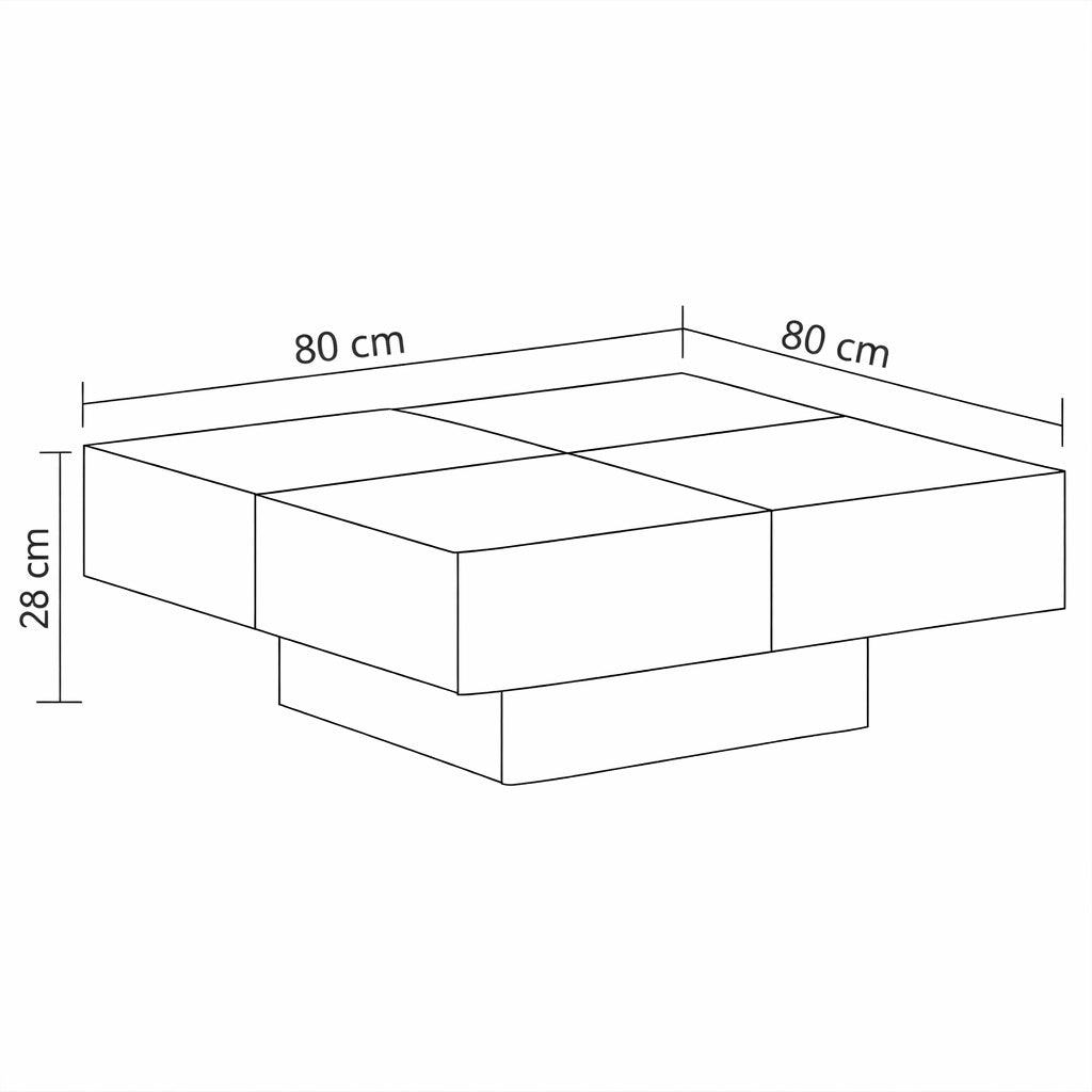 Dimensions table basse en bois 80x80 cm, table basse design carrée hauteur 28 cm, format compact et moderne