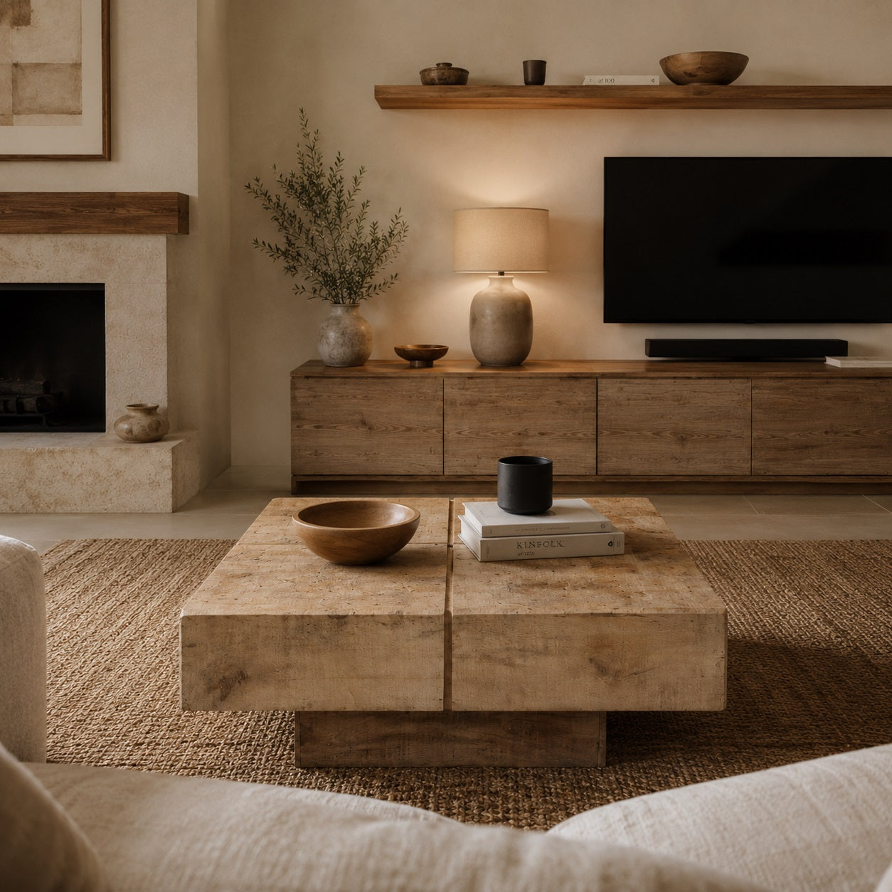 Vue immersive depuis canapé sur table basse en bois clair, séjour contemporain chaleureux et décoration naturelle raffinée.