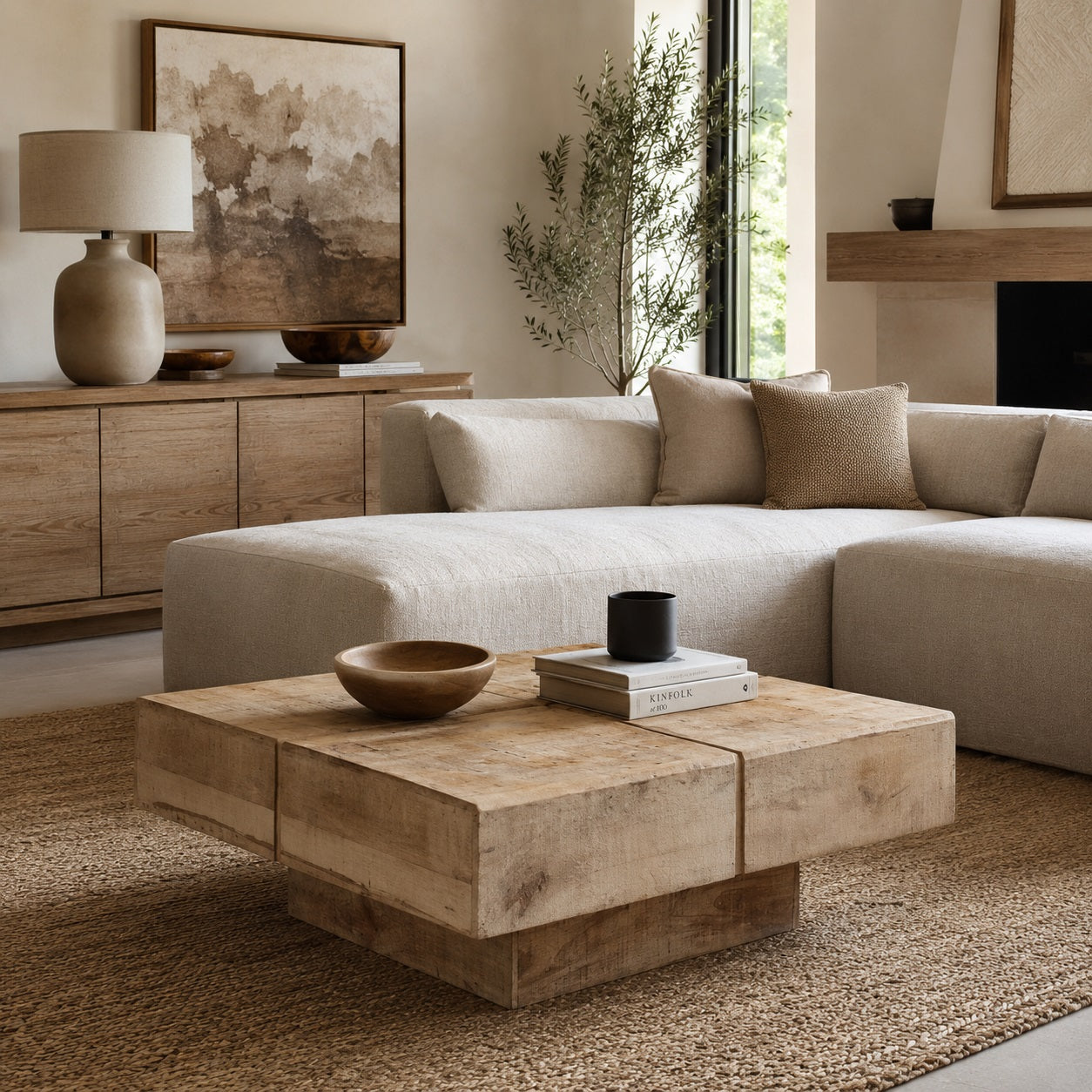 Table basse en bois massif naturel dans un salon beige élégant, ambiance chaleureuse et décoration minimaliste moderne.