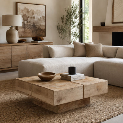 Table basse en bois massif naturel dans un salon beige élégant, ambiance chaleureuse et décoration minimaliste moderne.