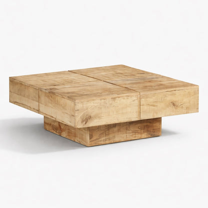 Table basse en bois clair, table basse design carrée avec plateau massif et pied central, finition naturelle lumineuse