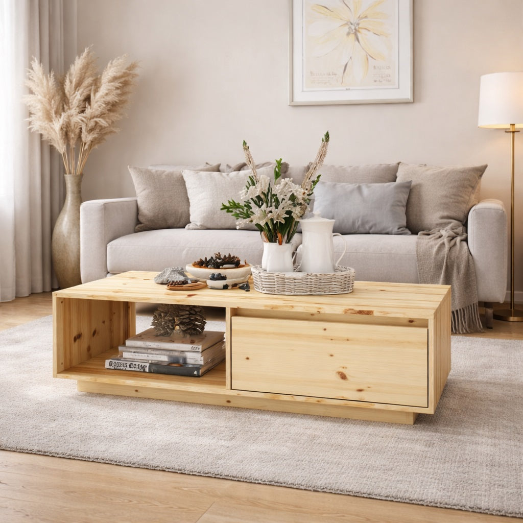 Table basse en bois Tavik mise en scène dans un salon lumineux, table basse de salon chaleureuse et fonctionnelle.