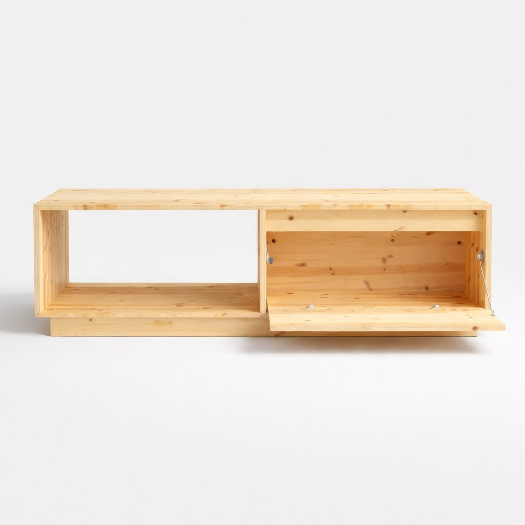 Table basse en bois Tavik vue de trois quarts, structure graphique et rangement discret pour table basse de salon moderne.