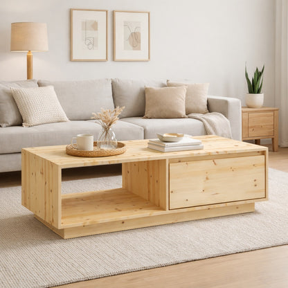 Table basse en bois Tavik intégrée dans un salon cosy, table basse de salon pratique avec espace de rangement.