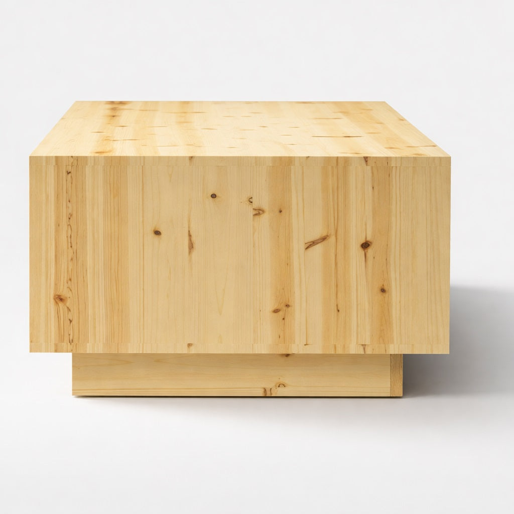 Zoom sur la structure de la table basse en bois Tavik, lignes nettes et conception robuste pour table basse de salon.