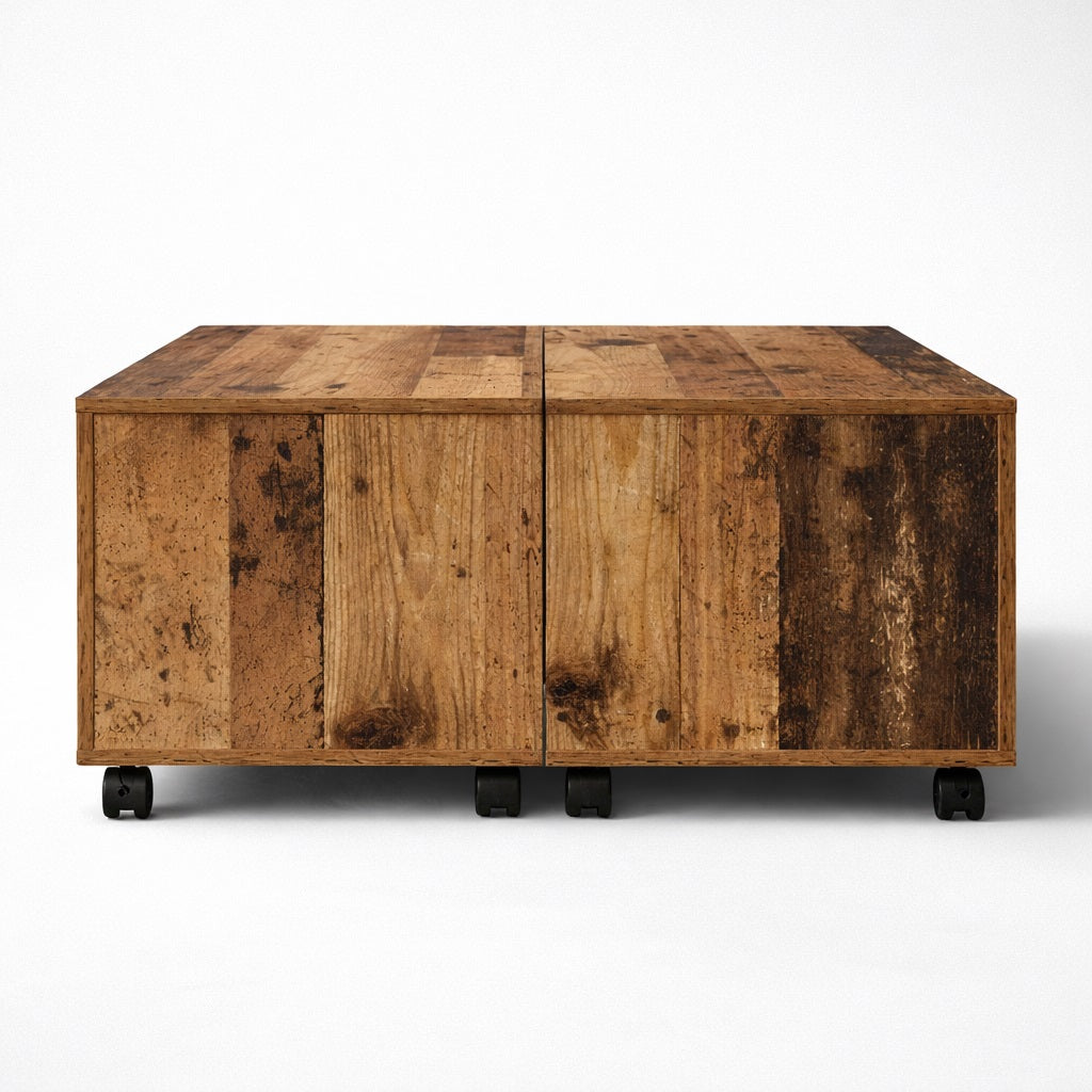 Table basse en bois rectangulaire avec finitions bois ancien et roulettes discrètes, table basse de salon contemporaine.